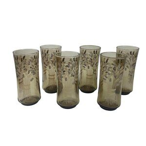 Vintage Libbey Franco Wheat 16 oz. Water Glasses Set 6qty. Smokey Amber Coloring